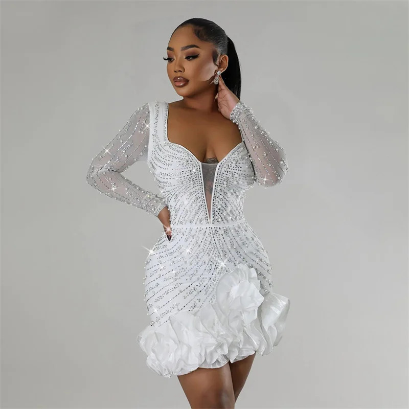 2024 Women Mesh Sleeve Bodycon Sexy Diamonds Birthday Party Dress Tierred Ruffles Rhinestone Pearls Night Club Dress Pink250120