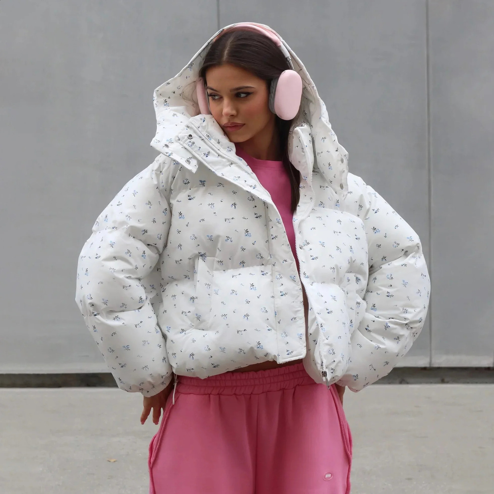 Winter Coat Women Zippers Pockets Causal Fashion Floral Hooded Jacket Warm for 250122