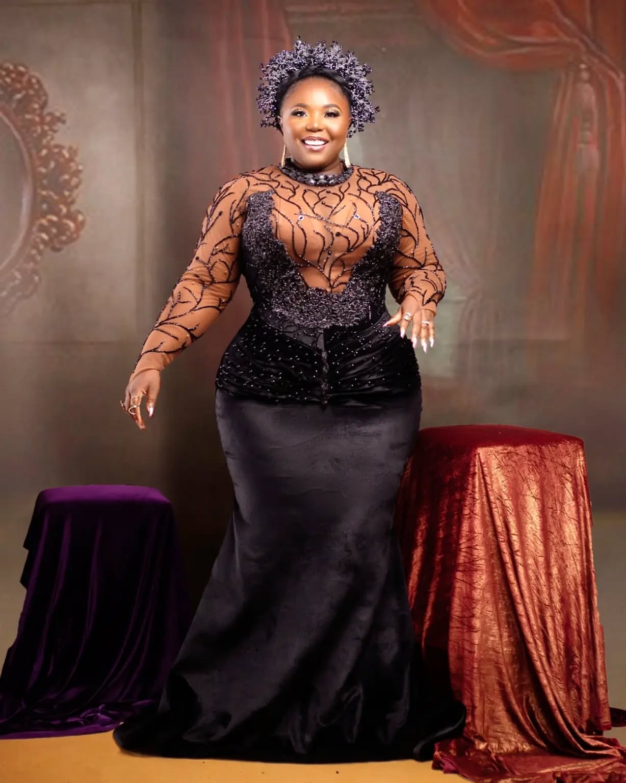 Aso Ebi Black Illusion Mermaid Prom Dresses 2025 Full Sleeves Veet Evening Formal Party Second Birthday Engagement Gowns Plus Size Dress For Special O