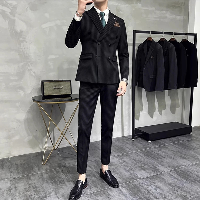M7XL Blazer Pants Classic Striped Mens Official Office Casual Business Double breasted Suit Groom Wedding Gown 250122