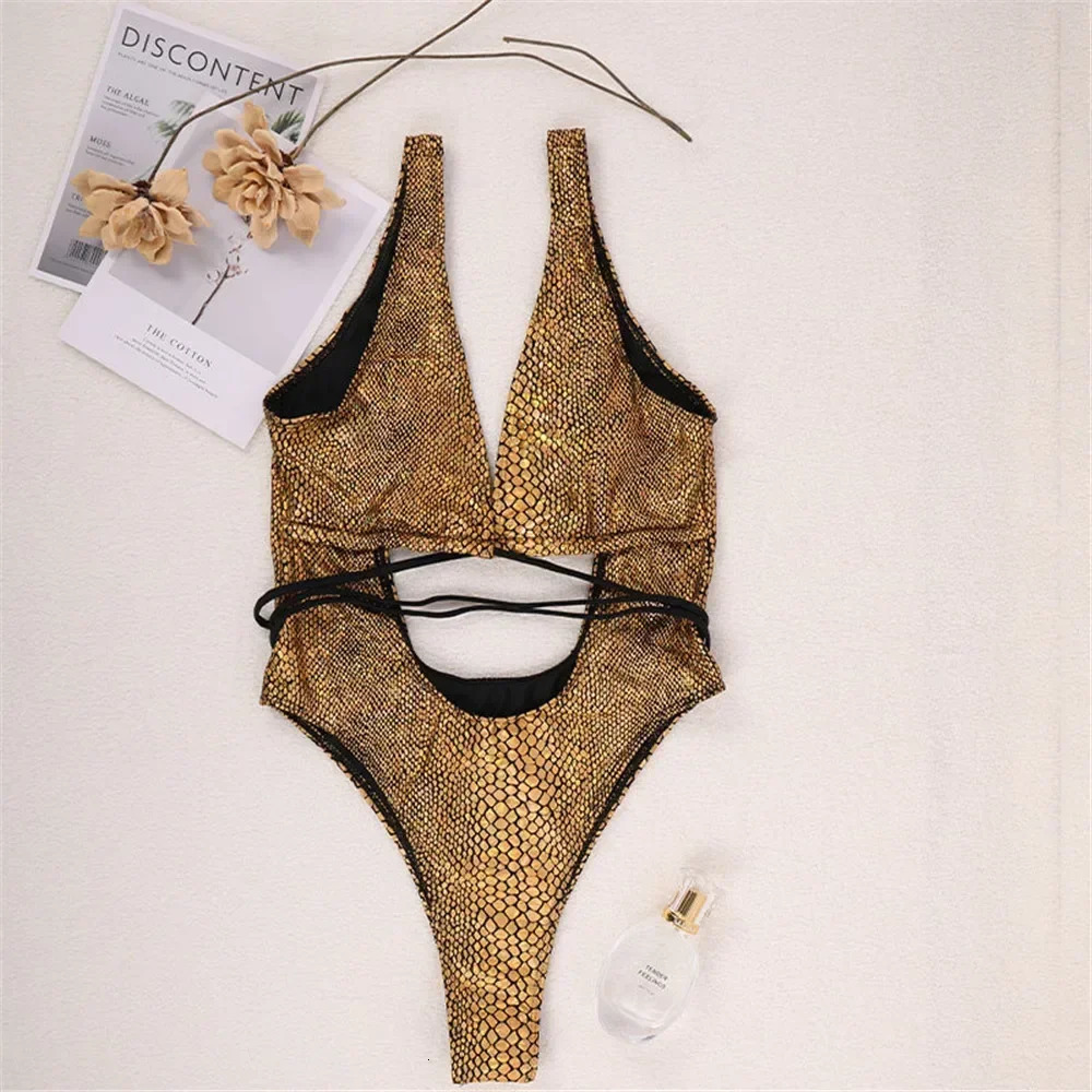 Sexy Gold Snake Print Shiny Swimwear Cut Out Monokini One Piece Swimsuits Women 2024 String Cross Bathing Swimming Suit Bodysuit 250113