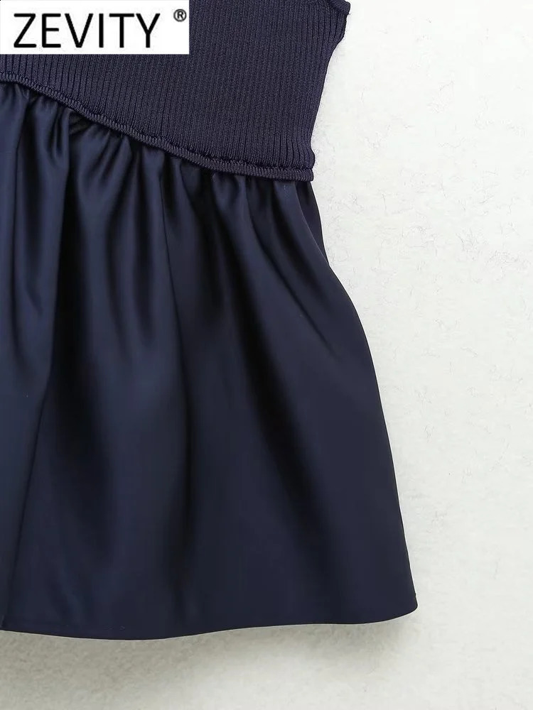 Zevity Women Sexy V Neck Knitting Patchwork Hem Pleats Sling Smock Blouse Female Shirt Blusas Chic Tops LS3689 250121