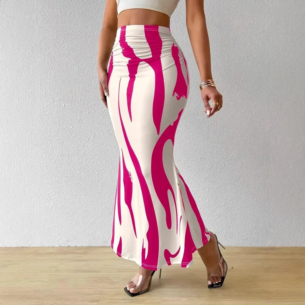 Dressy Casual Graphic Zebra Print Pleated Long Skirt Autumn Fashion Elastic High Waist Geometry Midi Streetwear 250110Z