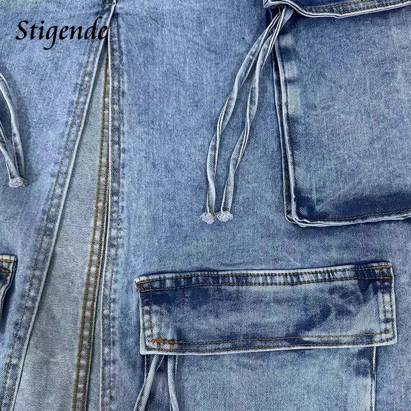 Stigende Womens High Split Ripped Denim Maxi Skirt with Multiple Pockets Distressed Lace Up Jeans Cargo Skirt Y2k 250117