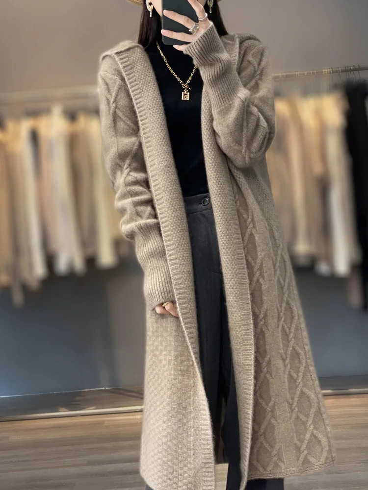 Autumn Winter 100% Merino Wool Womens Cardigan Long Sleeve Sweater Coat Loose Warm Cashmere Knitwear Fashion Female Long Coat 250121
