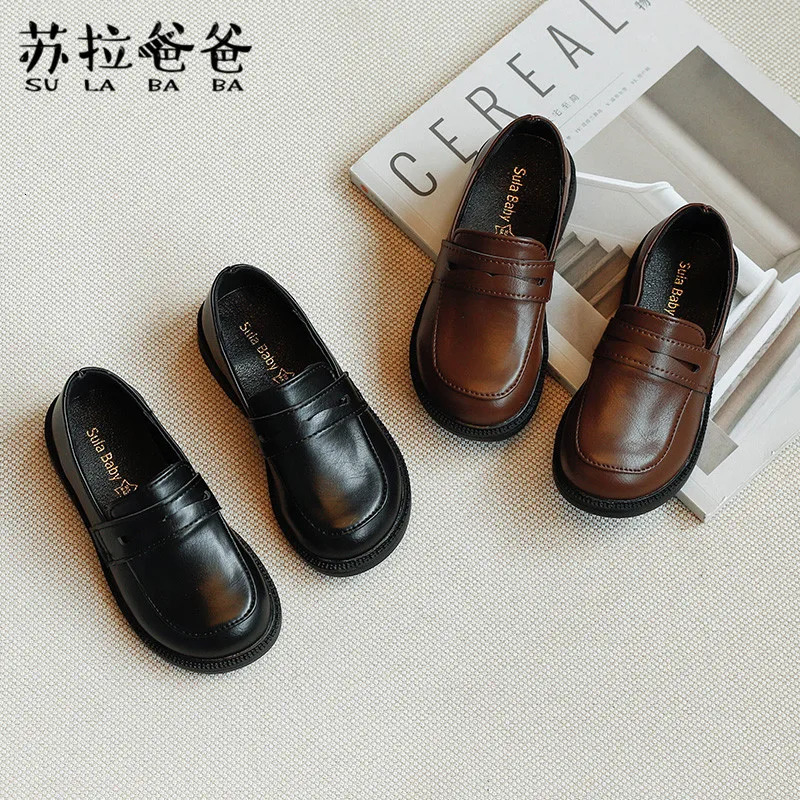 Spring Kids Old Fashion PU Leather Shoes with Soft Bottom Girls and Boys Confortable Footwear size 2334 Coffee Black 250115