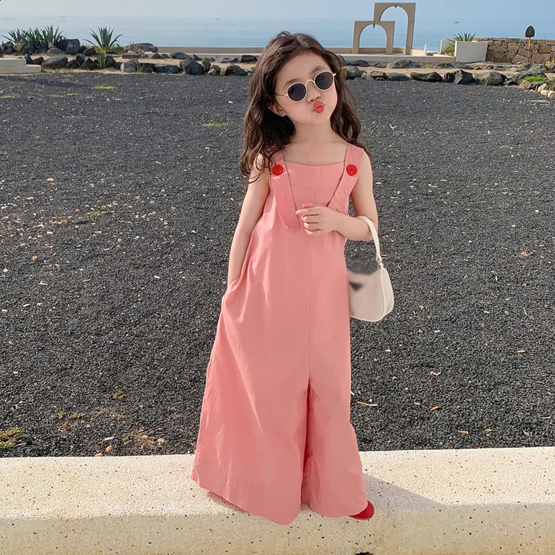 Summer Girl Overalls for Kids Pink Loose Casual Wide Leg Jeans Teenage Girls Jumpsuit Fashion Allmatch Children Trousers 38Y 250117