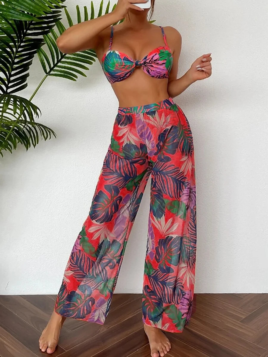 Print Three Piece Bikini With Long Pants Swimsuit Women Swimwear Female Bather Bathing Swimming Swim Suit Beachwear 250120