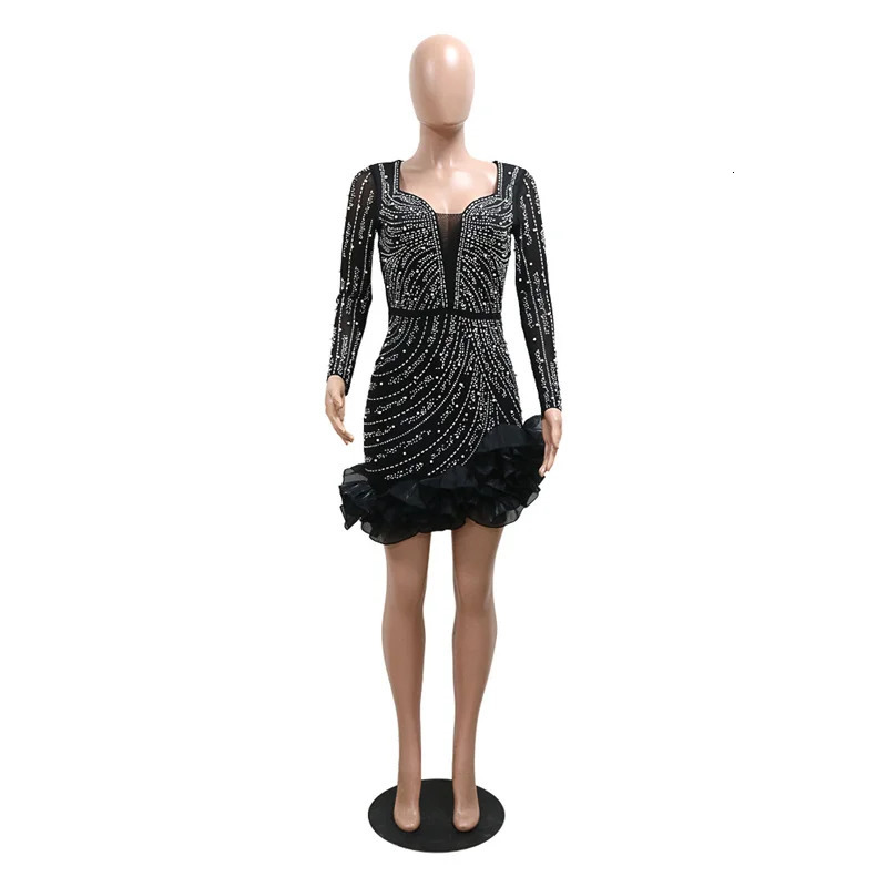 2024 Women Mesh Sleeve Bodycon Sexy Diamonds Birthday Party Dress Tierred Ruffles Rhinestone Pearls Night Club Dress Pink250120
