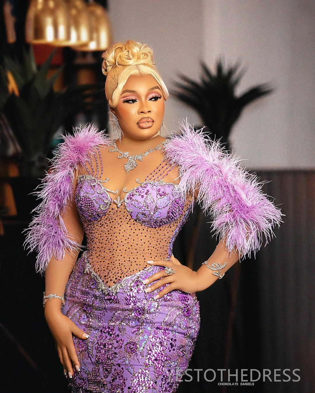 2025 Light Purple Luxurious Prom Dresses Mermaid Evening Dresses Feathered Illusion Beaded Lace Crystals Birthday Party Dress Second Reception Gowns A