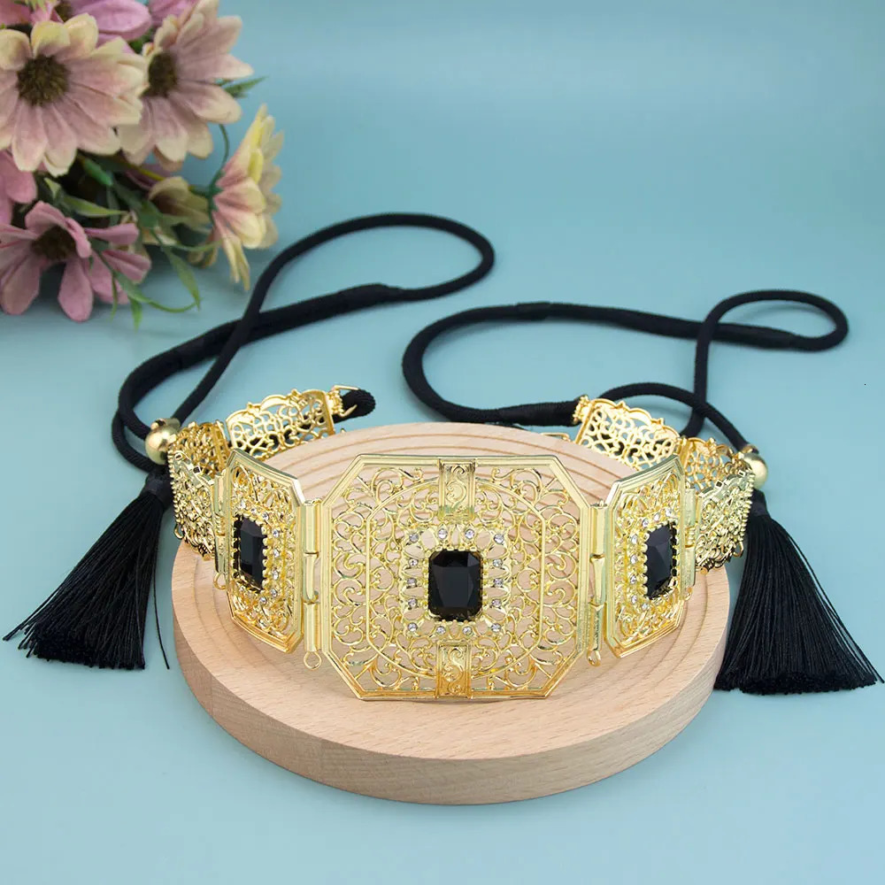 Sunspicems Gold Color Moroccan Caftan Belt For Women Metal Waist Chain Hand Rope Tassels Crystal Arabian Bridal Party Jewelry 250121