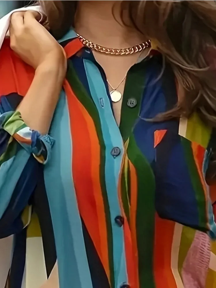 Plus Size Womens Large Colorful Geometric Casual Front Button Long Sleeved Shirt Beach Vacation Bikini Printed Outfit 250122