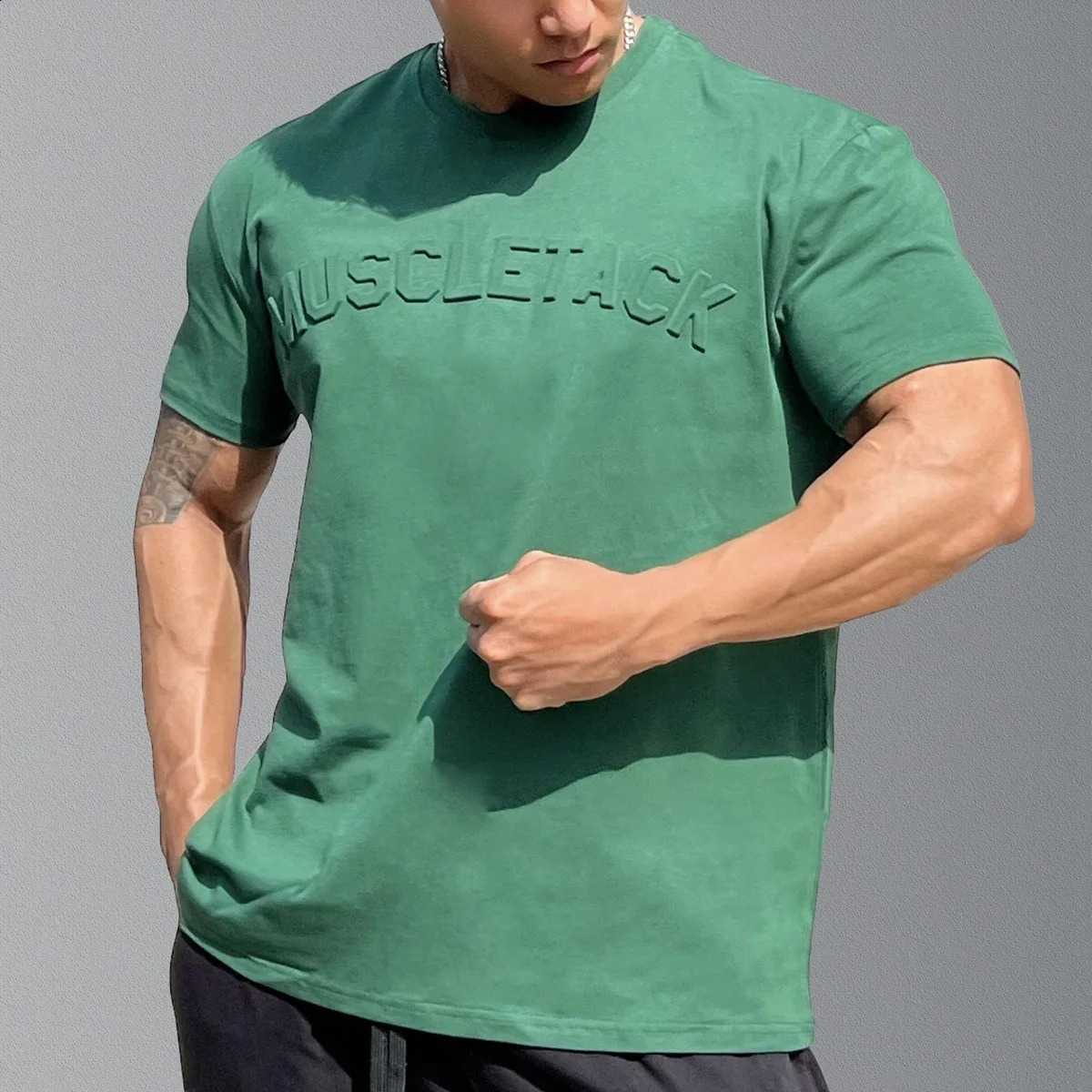 Gym Green Muscle Sports Loose Fashion n Letter Short Sleeve Mens Street Running Training Elastic TShirt 250108