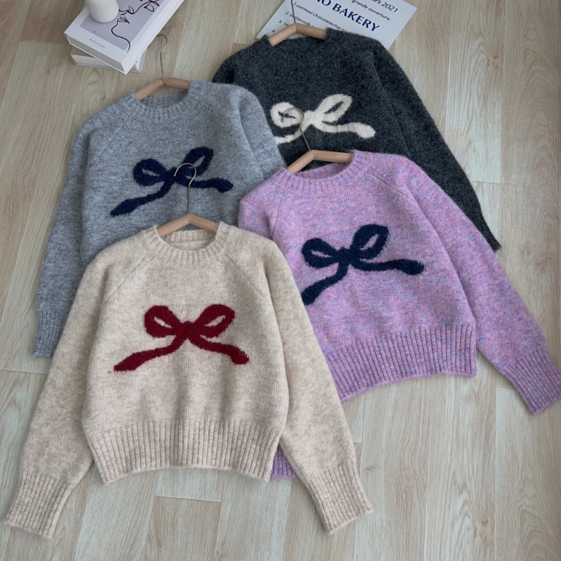 Gray Bow Round Neck Pullover Inner Wear Sweater Women Autumn and Winter Small Soft Glutinous Base Knit 250206