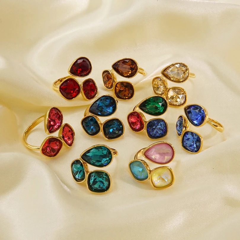 Fashion Stainless Steel Zircon Rings 14K Gold Plated Adjustable Open Rings Multi-Color Crystal Ring For Women Jewelry Gift 250121