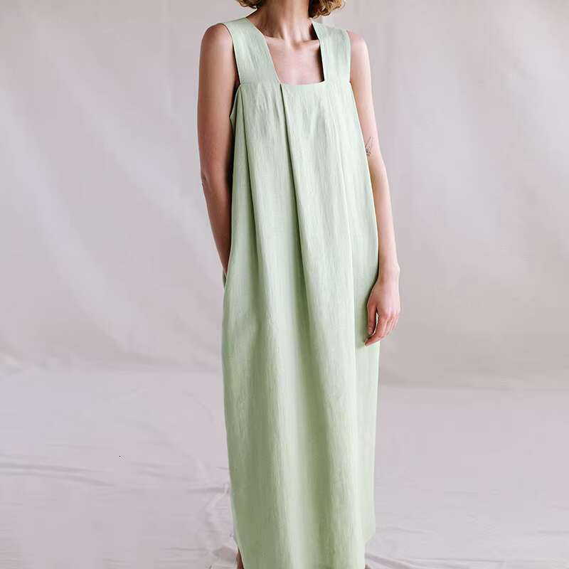 Spring Cotton And En Square Collar Solid Color Straight Style Loose Sleeveless Overall Maxi Dress