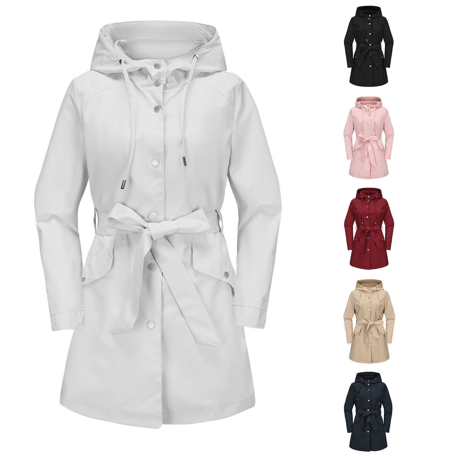 Spring Autumn Hooded Waterproof Jacket with Belt Thin Casual Loose Windbreaker for Women Womens Long Trench Coat Womens Jacket 241209
