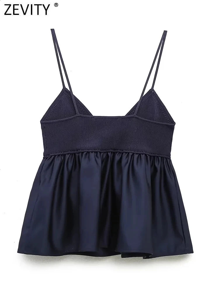 Zevity Women Sexy V Neck Knitting Patchwork Hem Pleats Sling Smock Blouse Female Shirt Blusas Chic Tops LS3689 250121