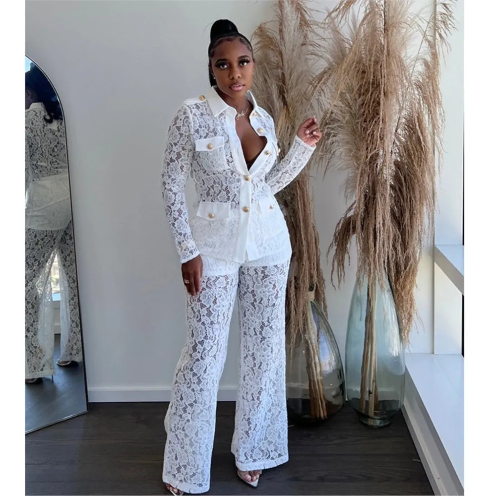 Lace Elegant Shirt SuitsTop White Cargo Pants Set Women Hook Flower Summer Tracksuit Suit Matching Sets Y2k Streetwear Black Set 250113