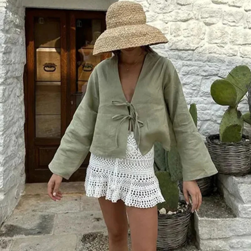 Yes Fine Loose Lace Up Bow Shirt Women Elegant V Neck Long Flare Sleeve Lady 2024 Spring Summer Simple High Street Female Top 250122