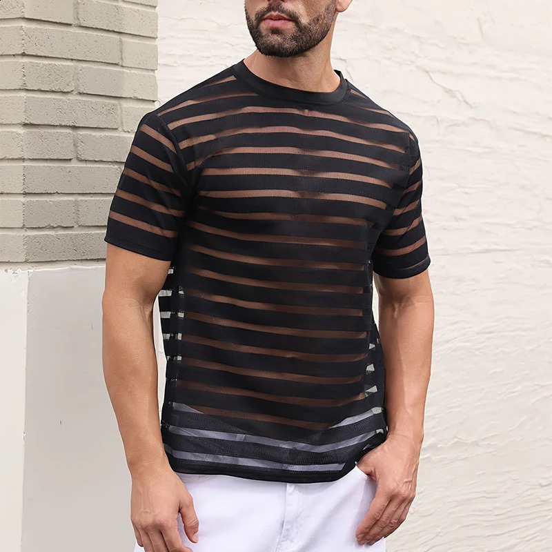 Sexy Striped Hollow Out Mesh T Shirts Mens Fashion Patchwork Short Sleeve Mesh Tops For Men Spring Summer Casual Breathable Tees 250117