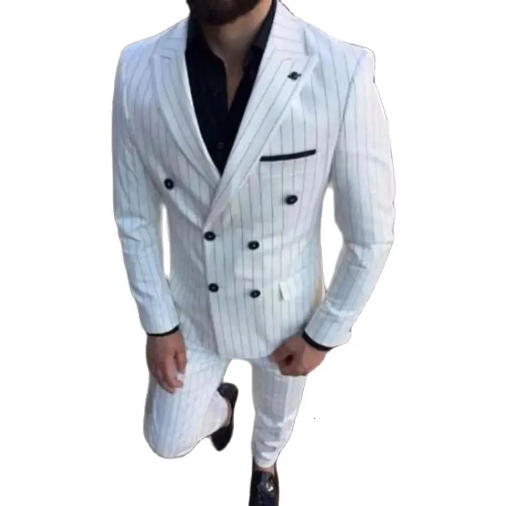 2 Pcs White Striped Men Suits 2025 Slim Fit Double Breasted Wedding Groom Tuxedo for Prom ed Lapel Costume Jacket Pants 250122