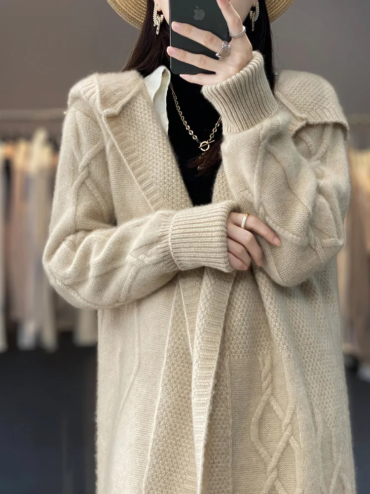 Autumn Winter 100% Merino Wool Womens Cardigan Long Sleeve Sweater Coat Loose Warm Cashmere Knitwear Fashion Female Long Coat 250121