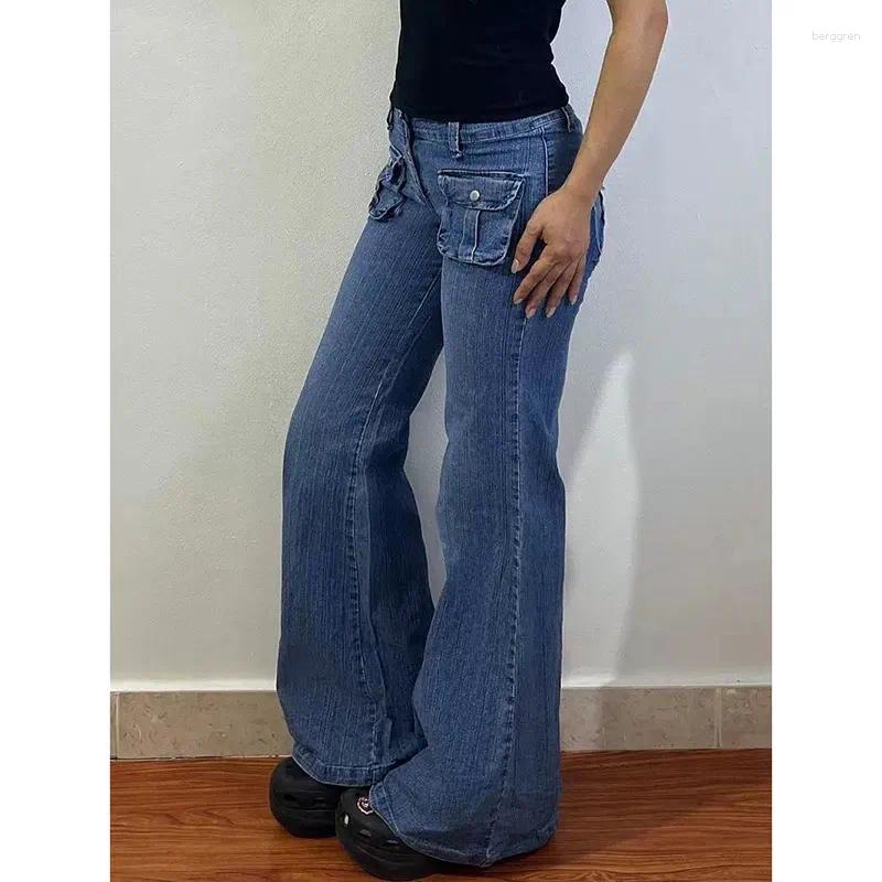 Women's Jeans Y2K Flare Low Rise Pants For Woman Cargo Baggy Trousers Aesthetic Streetwear Pockets Hippie Denim Bell Bottom CasualOutfit