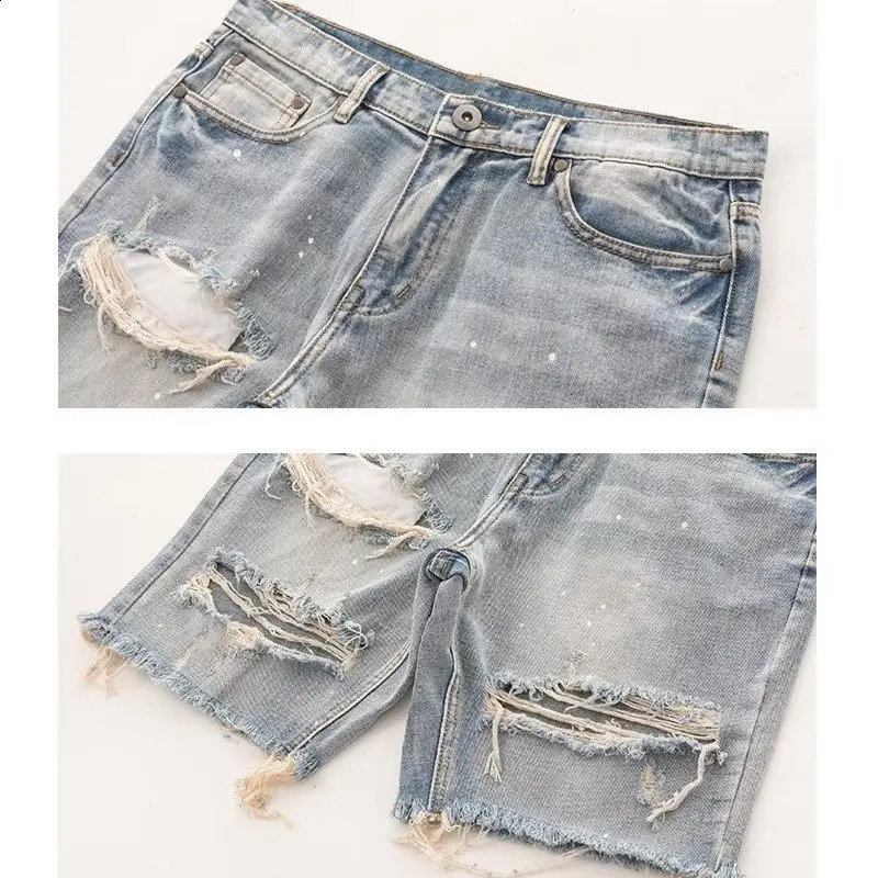 Summer Men Slim Fit Hole Lazy Shorts Jeans Youth Fashion Hip Hop Retro Y2K Baggy Cargo Short Pants 250116