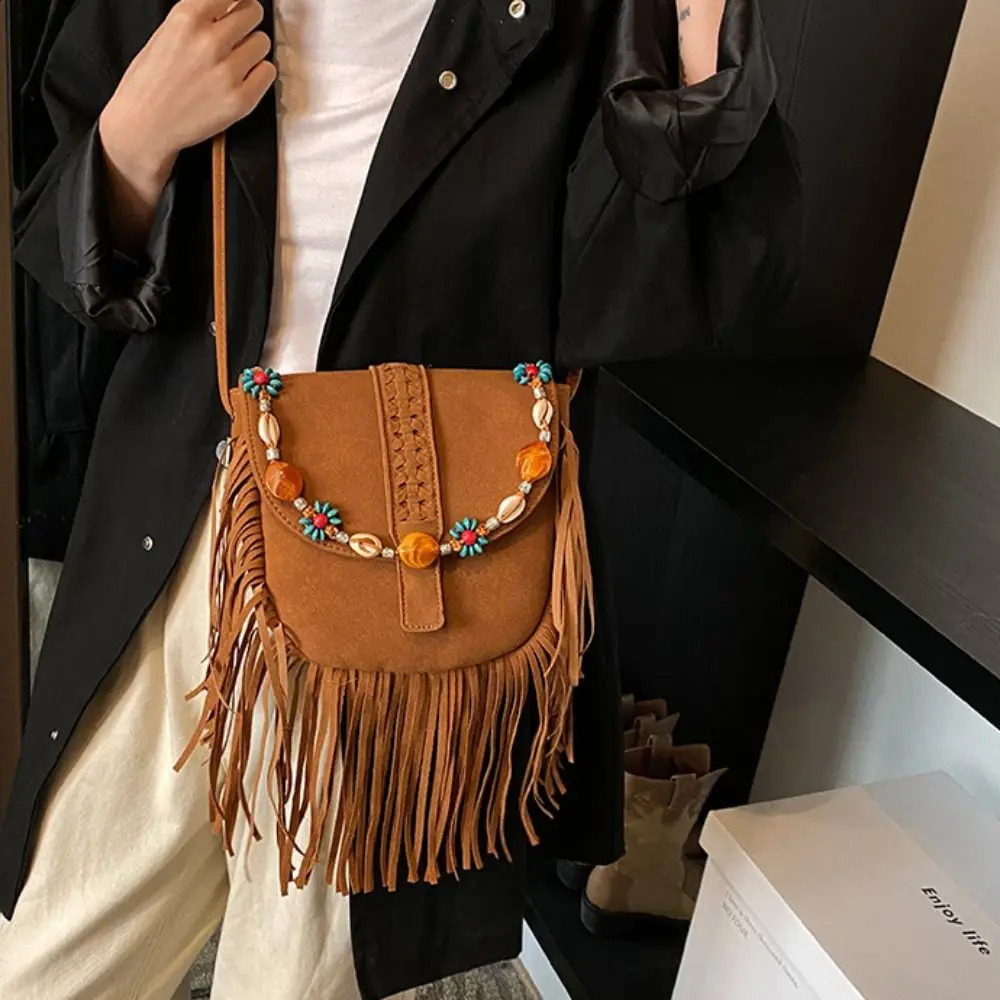 Ethnic Style Bohemian Ruffle Cross Bag Retro Suede Bohemian Saddle Bag Matte Brown Tassel Shoulder Bag 250109