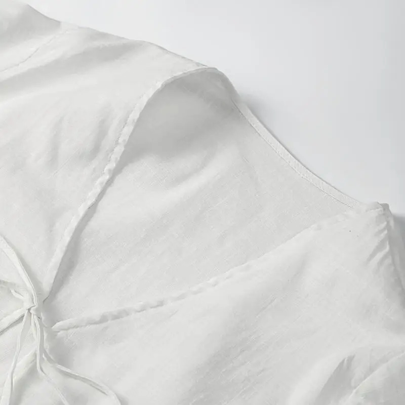 Lace bow cotton linen shirt womens loose solid Vneck lapel spring summer casual simple top 250122