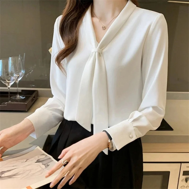 Women Spring Summer Style Blouses Shirts Lady Casual Long Sleeve Bow Tie Collar White Color Blouses Shirts DF4989 250121