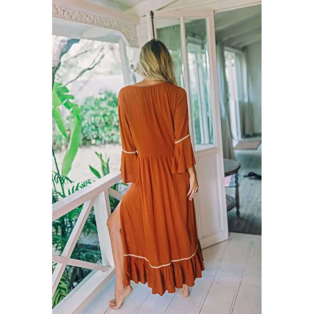 Women's Boho Long Cotton Ral Embroidery Maxi V-Neck Slim Holiday Vestidos Free Style Summer Chic Dress Robes