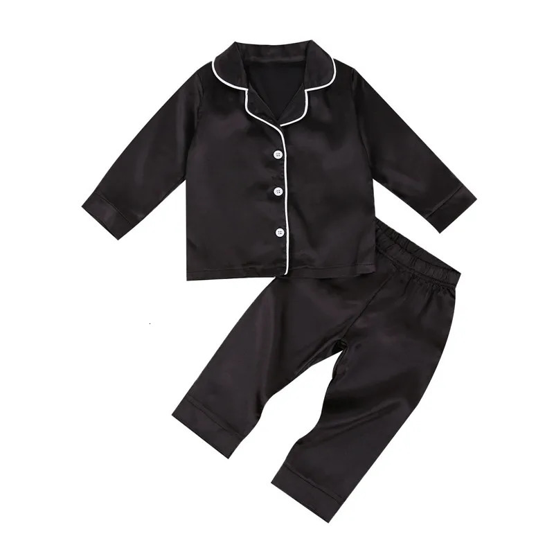 Baby Boy Black Satin Silk Pajama Sets Sleepwear Long Sleeve Top Pants 1-7Y Toddler Kids Children Summer Fall Casual Nightshirt 250121