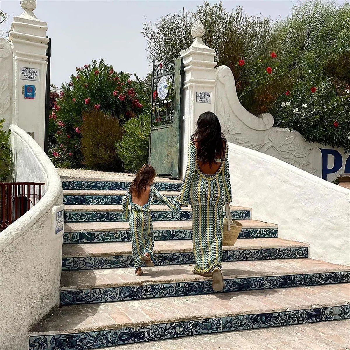 Fashion Backless Womens Dress Lace Contrast Color Long Sleeves Slim Stripe Maxi Dresses 2024 Summer Beach Holidays Clothing 250113