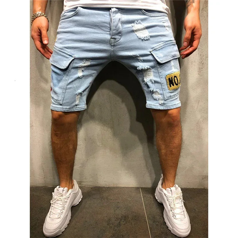 Summer Ripped Shorts Jeans Men HipHop Denim Pants Stretch Light blue Fashion n Slim Straight Male Short Hombre 250113