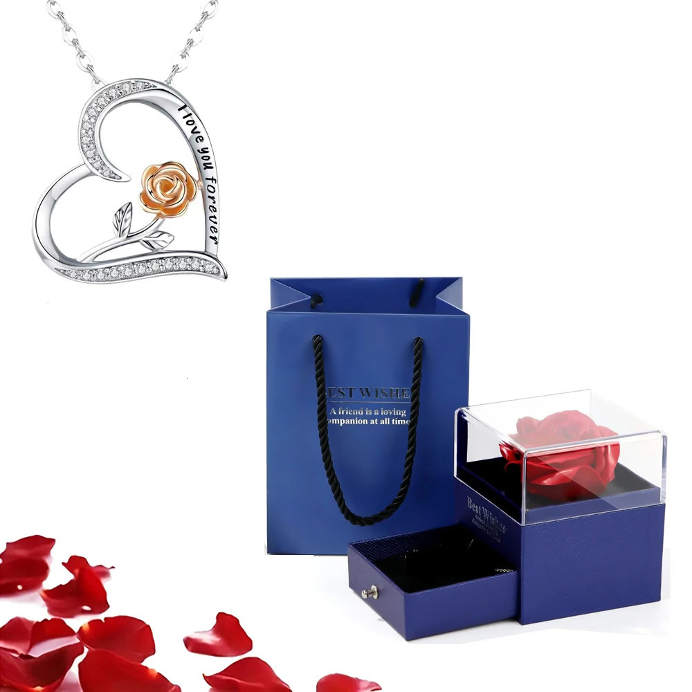 Heart Pendant Necklaces For Women With Rose Flower Box Christmas Wedding Party Gift Romantic Fashion Jewelry 250117