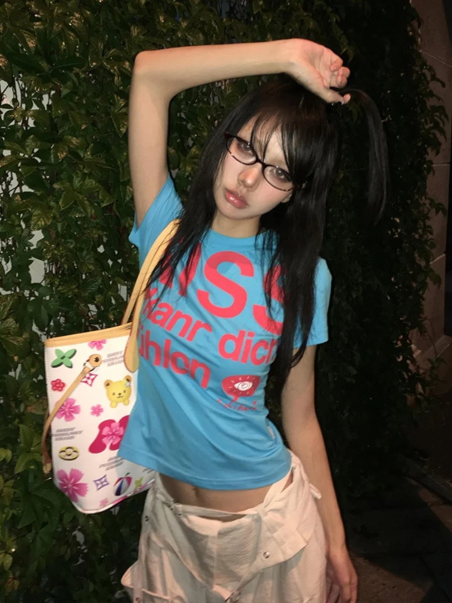 Tonngirls Y2k Print Letter T Shirt Women Skinny Short Sleeve Japanese 2000s Crop Tops Vintage Grunge Tops American Retro Tshirts 250109