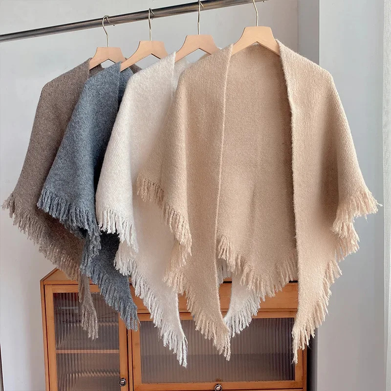 autumn winter tassel shawl for womens outerwear versatile triangular scarf for warmth and neck protection Gray 250121