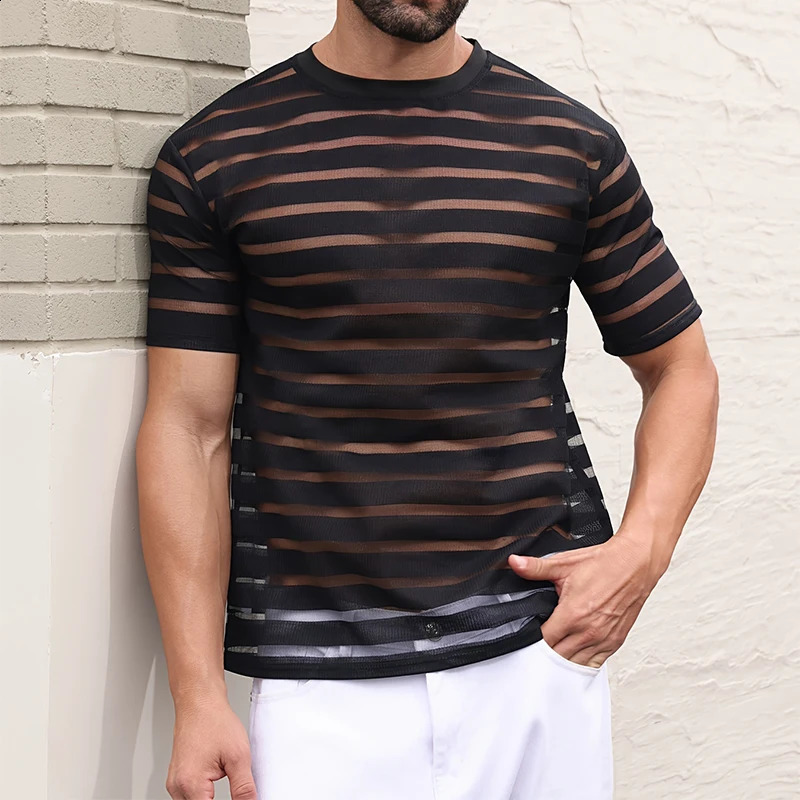 2025 Spring Summer Vintage Mens T-shirts Short Sleeve O Neck Striped Hollow Out T Shirt For Men Casual Breathable Lace Mesh Tees 250117