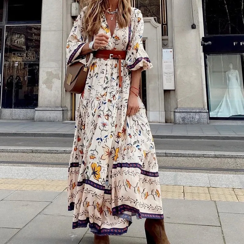 printed Bohemian long dress for women in autumn sexy V-neck one seventh sleeve casual comfortable loose and elegant dress 250108