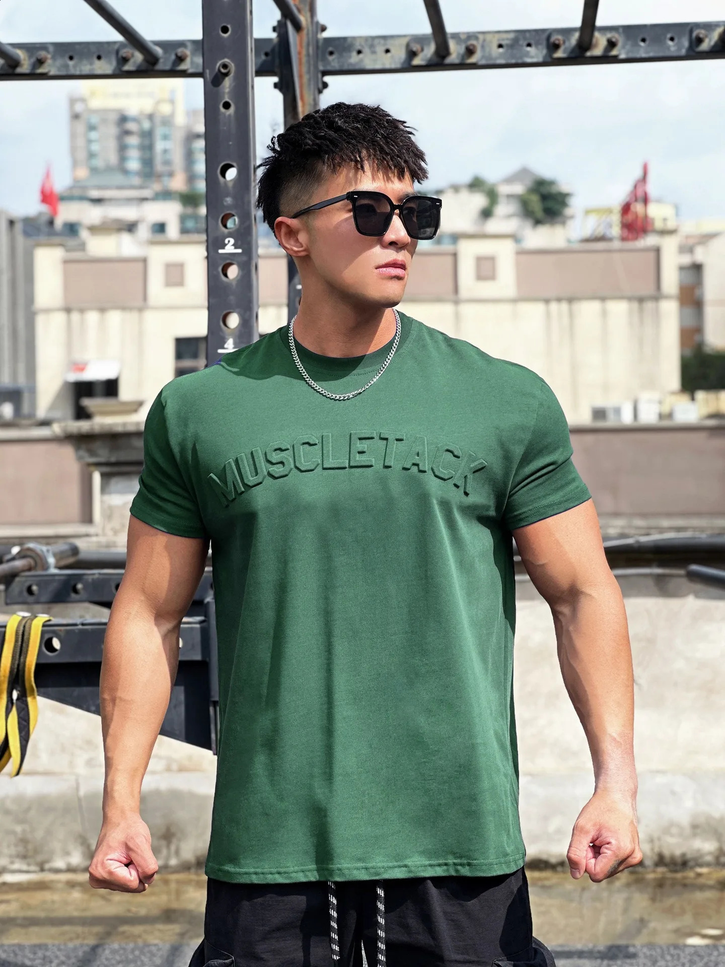 Gym Green Muscle Sports Loose Fashion n Letter Short Sleeve Mens Street Running Training Elastic TShirt 250108