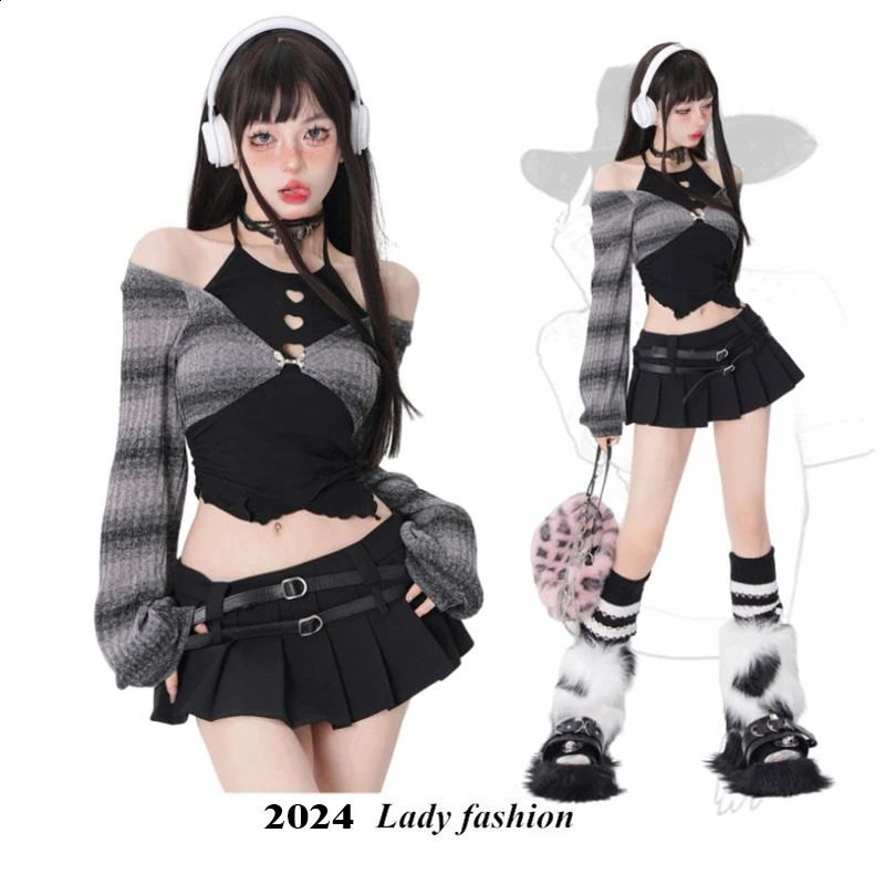 2024 SpringSummer Two Piece Ski Set Womens Y2k Crop Top TshirtShort Sleeve Japanese Kawaii Fashion Korean 250122