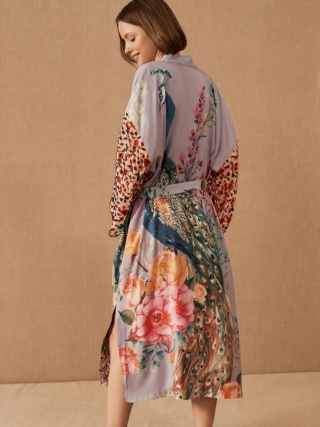 Beach Kimono for Women Peocock Printed Swimsuit Cover Up Self Belted Wrap Dresses Seaside Bathing Suits Beachwear 250120