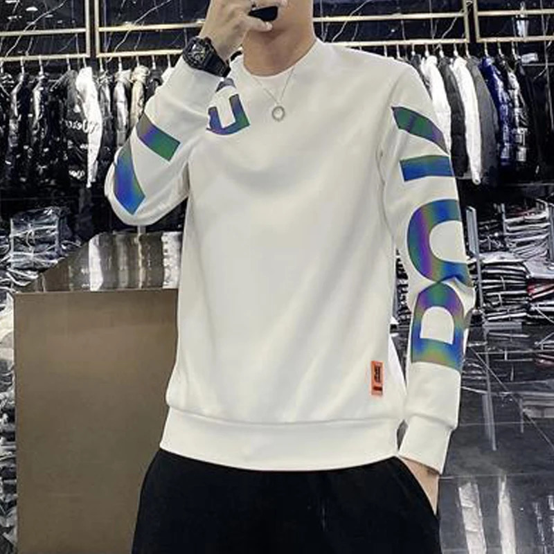 Spring Mens Korean Fashion Print Casual All Match Sweatshirt Appliques Streetwear Loose Hoodie Round Neck Long Sleeve Tops 250122