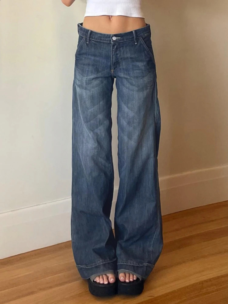 Blue Straight Jeans Streetwear y2k Low Rise Baggy Denim Pants for Women Vintage 2000s Casual Korean Fashion Basic 250115