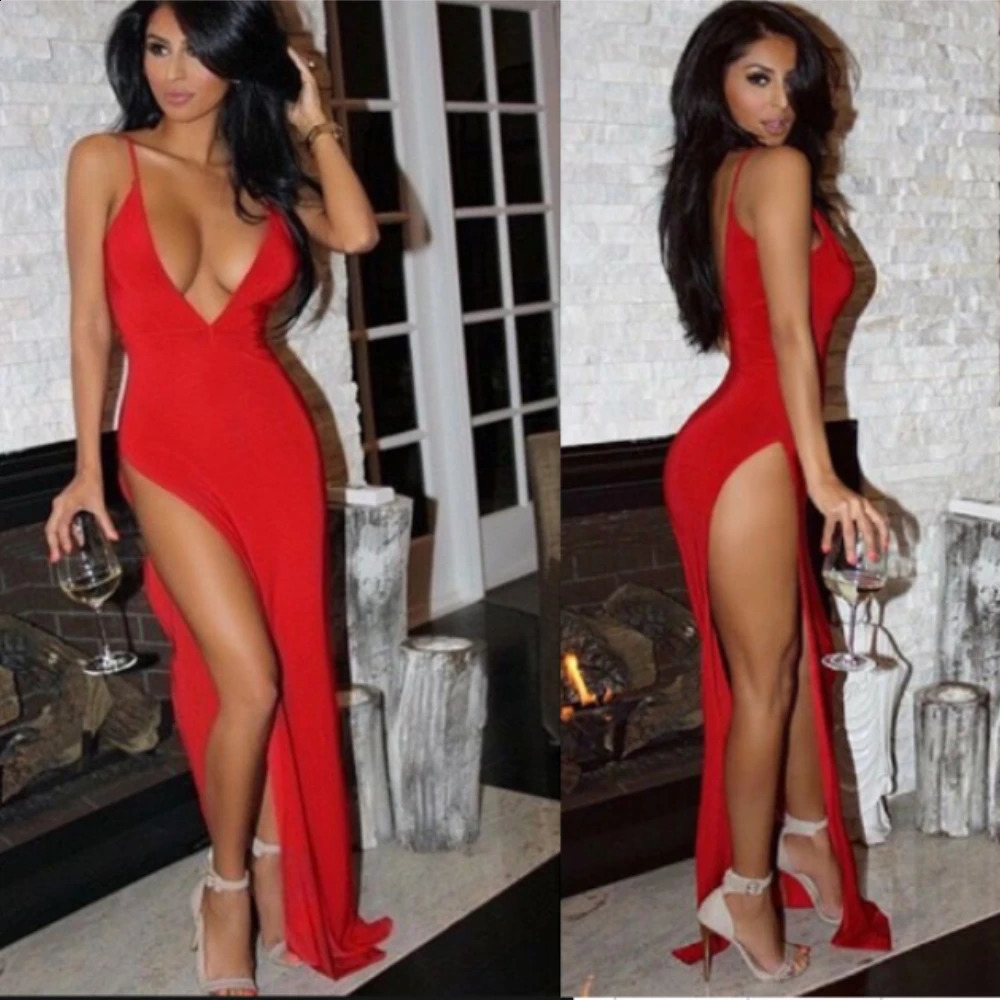 Deep V Low Cut High Elastic Sexy Tight Dress Nightclub Side Split Skirt Party Fun Banquet Bodycon Long Dresses for Women 250122Z