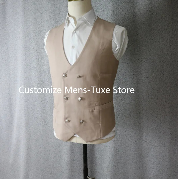 Beige mens 3piece stand up collar double chest ultrathin fit shoulder formal elegant grooms wedding tailcoat 250122