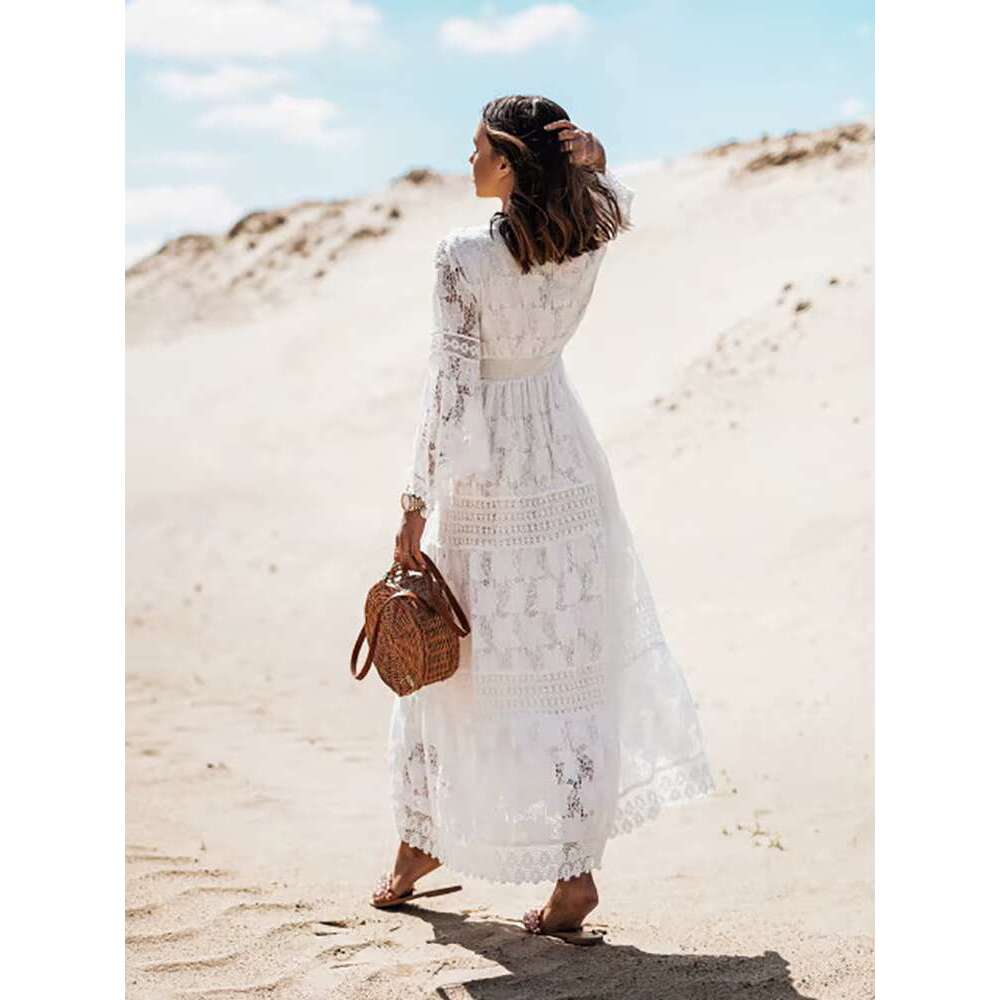 Women's Lace Beach Vintage Flare Sleeve Hollow Out Boho Maxi Dress With Tassel Romantic Vacation Vestidos