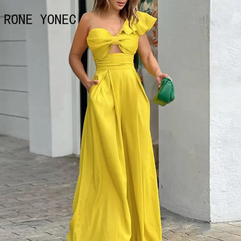 Women Elegant Solid One Shoulder Ruffle Sleeveless Hollow Bow Wide Leg Formal Jumpsuit 250109